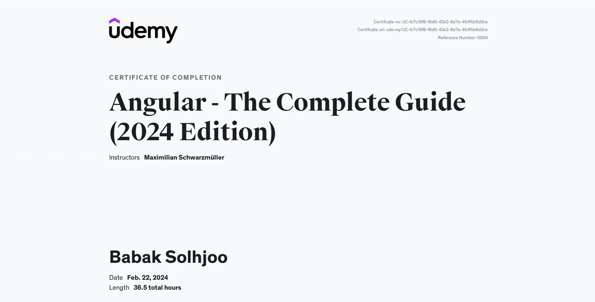 Angular: The Complete Guide (2024 Edition) certificate