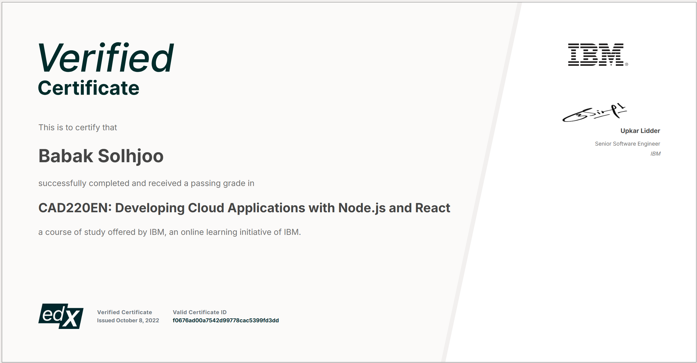 Developing Cloud Applications with Node.js and React certificate