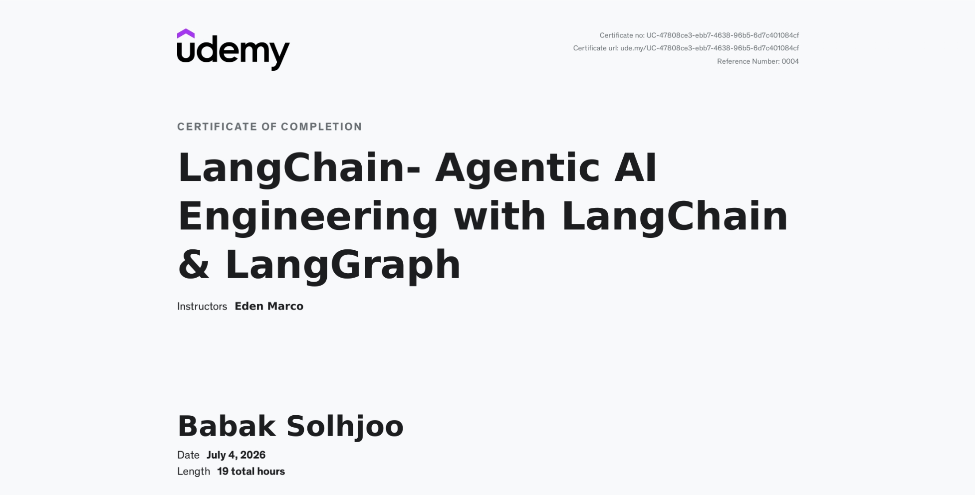 LangChain: Agentic AI Engineering with LangChain & LangGraph certificate