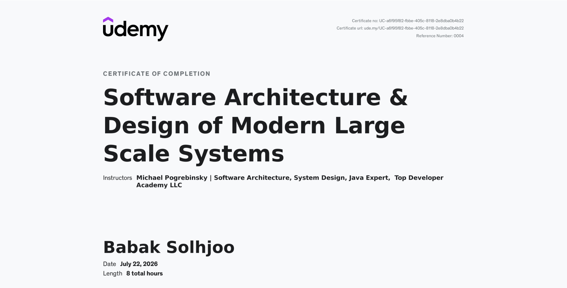 Software Architecture & Design of Modern Large-Scale Systems certificate